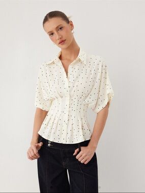 Polka Dot Cream Button-Front Peplum Top